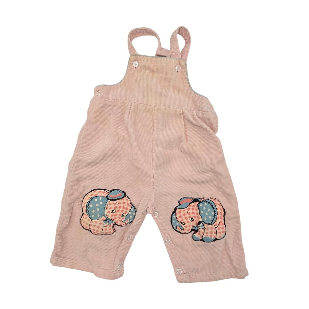 Vintage Pink Corduroy Elephant Patch Overalls Kids Bib Snaps Retro Style